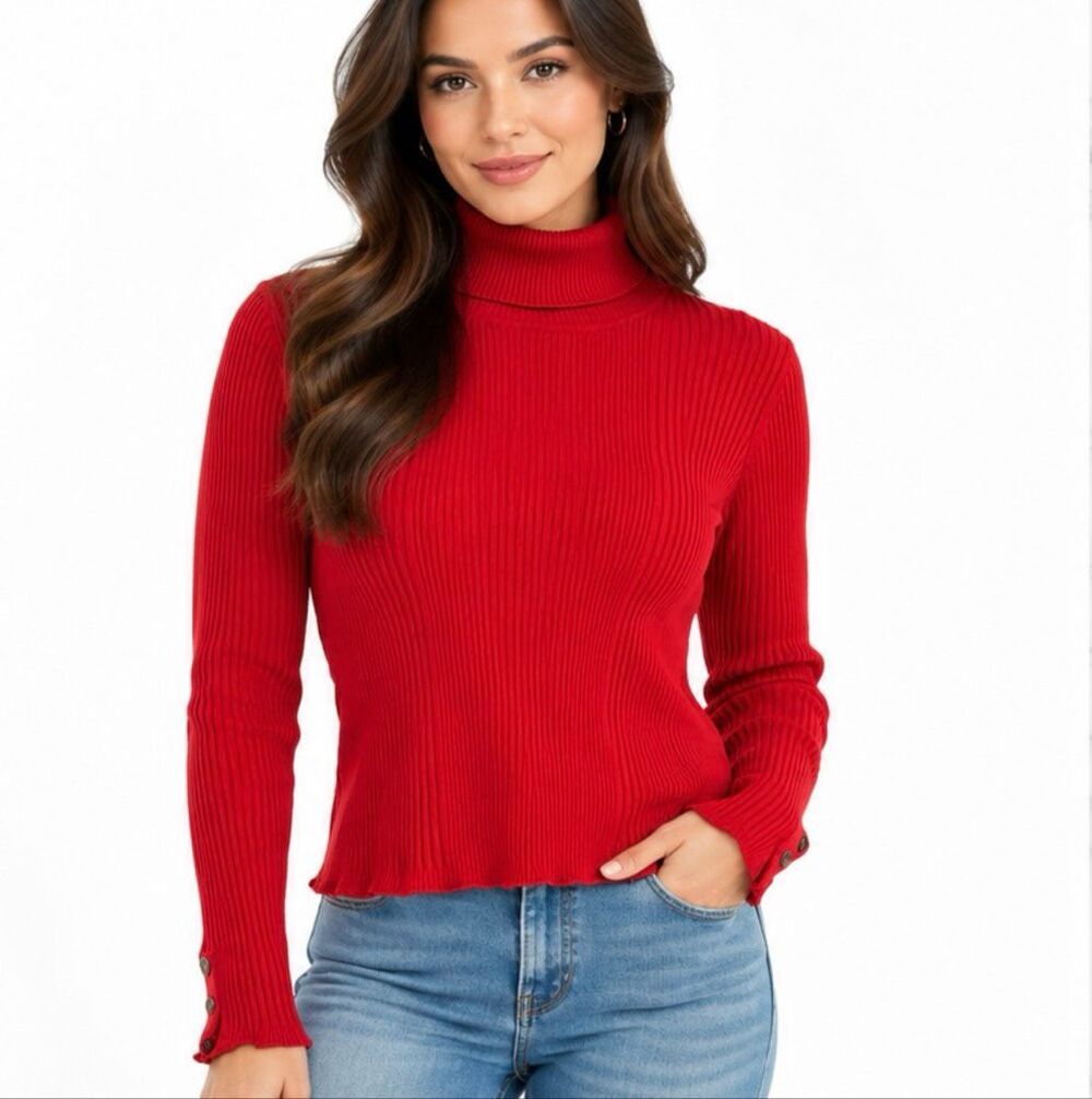 Style & Co red ribbed turtleneck sweater button cuff L